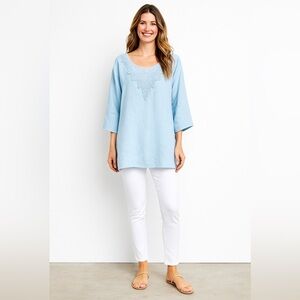 NWOT 100% Linen Size Small Baby Blue Crochet Detail Wide Flare Sleeves Tunic